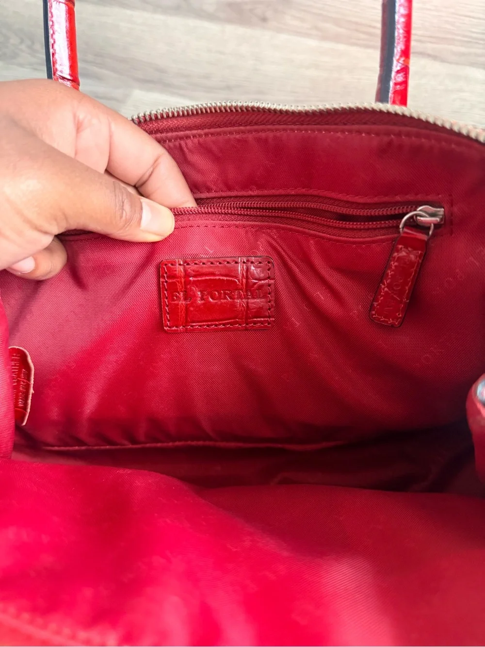 Red Croc-Embossed Structured Satchel Handbag